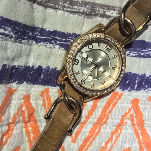 RILEY MULTIFUNCTION ROSE-TONE & SAND LEATHER WATCH - Picture 1 of 8